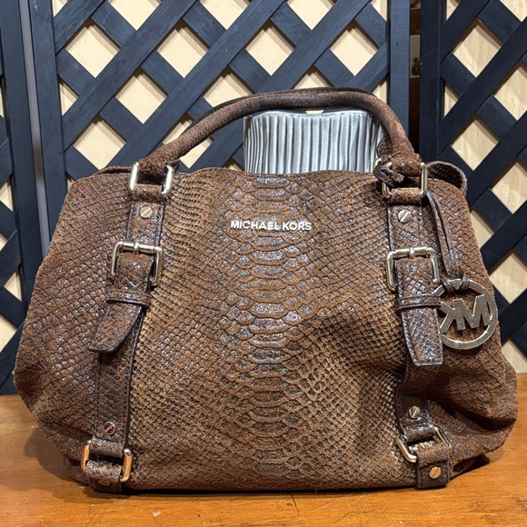 Michael Kors Large Leather Snakeskin Satchel in Brown with MK Logo Hangtag - Picture 1 of 14